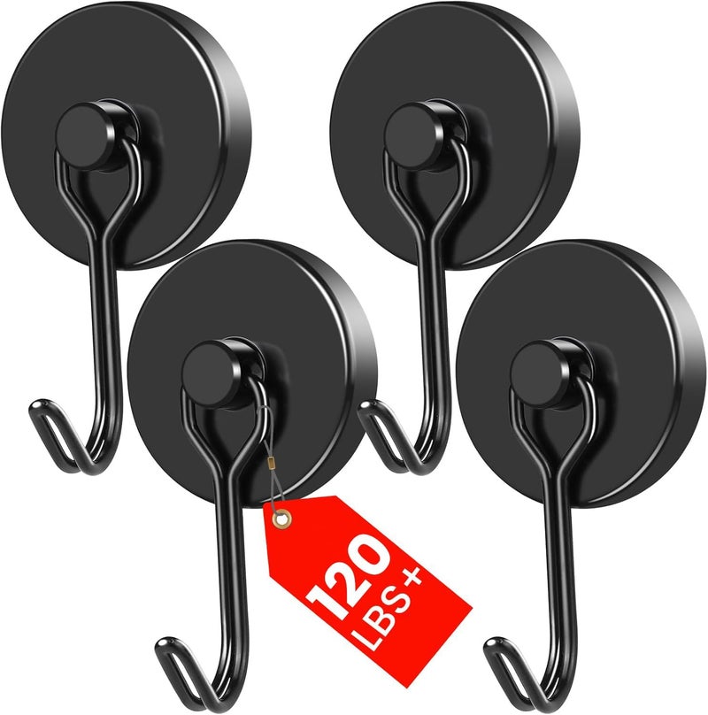 MIKEDE Black Magnetic Hooks Heavy Duty, 120LB Swivel Swing Strong Magnetic Hooks Cruise,Neodymium Hook Magnets for Hanging, Home, Workplace, Metal Door, Office and Garage - Pack of 4 - Image 1